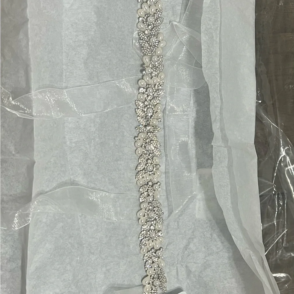 Crystal and Freshwater Pearl Filigree Leaf Sash Wedding belt